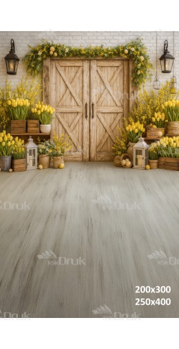 Tło fotograficzne „Wiosenne drzwi stodoły z żółtymi tulipanami” | E614